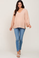 Taupe Long Sleeve Crochet Lace Maternity Blouse