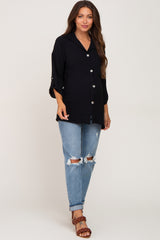 Black Button Front Collared Maternity Blouse