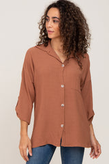 Camel Button Front Collared Blouse