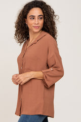 Camel Button Front Collared Blouse