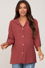 Burgundy Button Front Collared Maternity Blouse