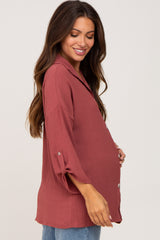 Burgundy Button Front Collared Maternity Blouse