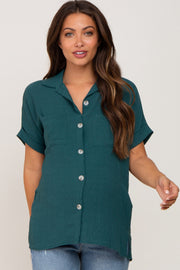 Forest Green Collared Button-Down Short Sleeve Maternity Blouse