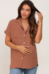 Camel Collared Button-Down Short Sleeve Maternity Blouse