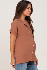 Camel Collared Button-Down Short Sleeve Maternity Blouse