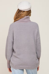 Grey Fuzzy Knit Turtleneck Maternity Sweater