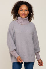 Grey Fuzzy Knit Turtleneck Maternity Sweater