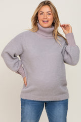 Grey Fuzzy Knit Turtleneck Maternity Plus Sweater