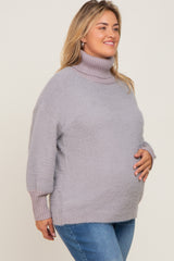 Grey Fuzzy Knit Turtleneck Maternity Plus Sweater