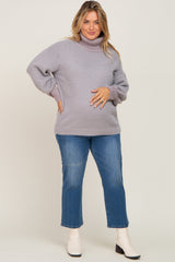 Grey Fuzzy Knit Turtleneck Maternity Plus Sweater