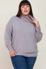 Grey Fuzzy Knit Turtleneck Maternity Plus Sweater