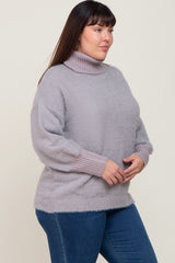 Grey Fuzzy Knit Turtleneck Plus Sweater