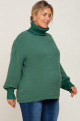 Forest Green Fuzzy Knit Turtleneck Maternity Plus Sweater