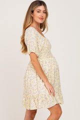 Yellow Floral Smocked Puff Sleeve Maternity Dress