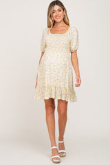 Yellow Floral Smocked Puff Sleeve Maternity Dress