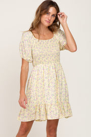 Yellow Floral Smocked Puff Sleeve Dress