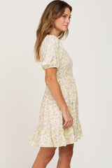 Yellow Floral Smocked Puff Sleeve Dress