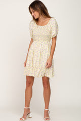 Yellow Floral Smocked Puff Sleeve Dress