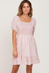 Light Pink Floral Smocked Puff Sleeve Maternity Dress