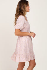 Light Pink Floral Smocked Puff Sleeve Dress