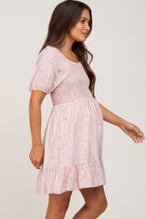 Light Pink Floral Smocked Puff Sleeve Maternity Dress