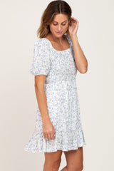 Blue Floral Smocked Puff Sleeve Dress