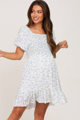 Blue Floral Smocked Puff Sleeve Maternity Dress