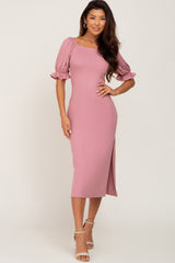 Mauve Ribbed Puff Sleeve Side Slit Midi Dress