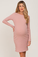 Pink Ribbed Basic Long Sleeve Maternity Dress