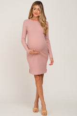 Pink Ribbed Basic Long Sleeve Maternity Dress