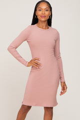 Pink Ribbed Basic Long Sleeve Maternity Dress