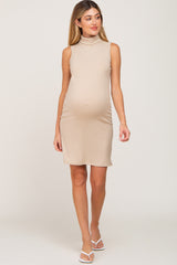 Beige Ribbed Sleeveless Turtleneck Maternity Dress