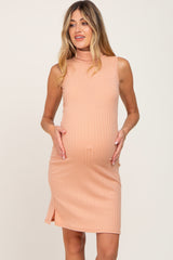 Peach Ribbed Sleeveless Turtleneck Maternity Dress