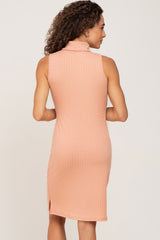 Peach Ribbed Sleeveless Turtleneck Dress