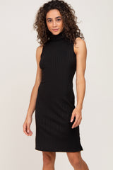 Black Ribbed Sleeveless Turtleneck Maternity Dress