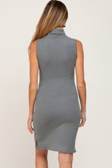 Grey Ribbed Sleeveless Turtleneck Maternity Dress