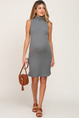 Grey Ribbed Sleeveless Turtleneck Maternity Dress