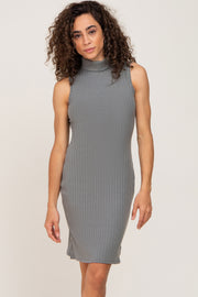 Grey Ribbed Sleeveless Turtleneck Dress