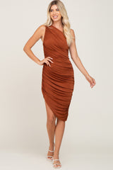 Rust One Shoulder Ruched Asymmetrical Midi Dress