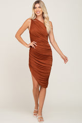 Rust One Shoulder Ruched Asymmetrical Midi Dress