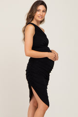 Black One Shoulder Ruched Asymmetrical Maternity Midi Dress