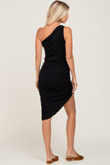 Black One Shoulder Ruched Asymmetrical Midi Dress