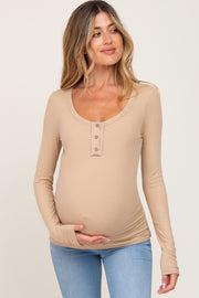 Taupe Ribbed Button Front Long Sleeve Maternity Top