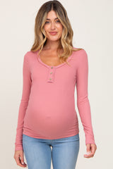 Pink Ribbed Button Front Long Sleeve Maternity Top