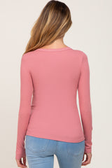 Pink Ribbed Button Front Long Sleeve Maternity Top