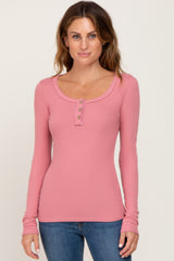 Pink Ribbed Button Front Long Sleeve Maternity Top