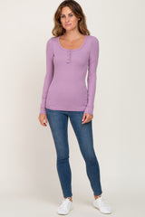 Lavender Ribbed Button Front Long Sleeve Top