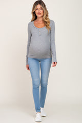 Heather Grey Ribbed Button Front Long Sleeve Maternity Top