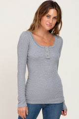 Heather Grey Ribbed Button Front Long Sleeve Top