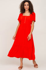 Red Button Front Midi Dress